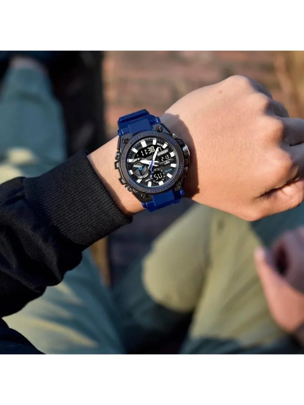 Men's Blue Analog Quartz Sports Outdoor Waterproof Military LED Digital Watch